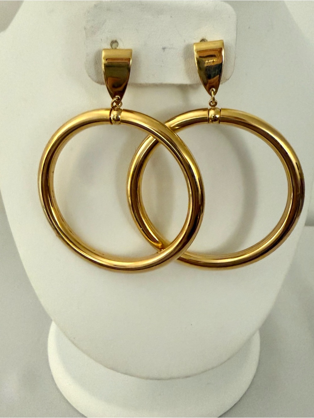 Large Gold Tone Clip On Hoop Earrings 2.5 Inch Hoops 3 Inch Drop Statement Retro